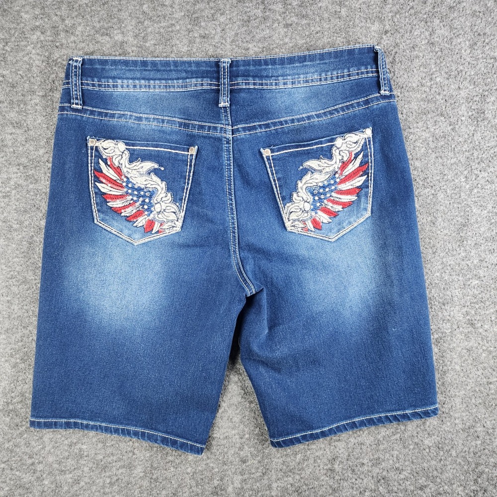 Hydraulic Bermuda Shorts Womens 8 Blue Denim Patriotic Wing Sequin 4th‎ of July - Picture 2 of 8